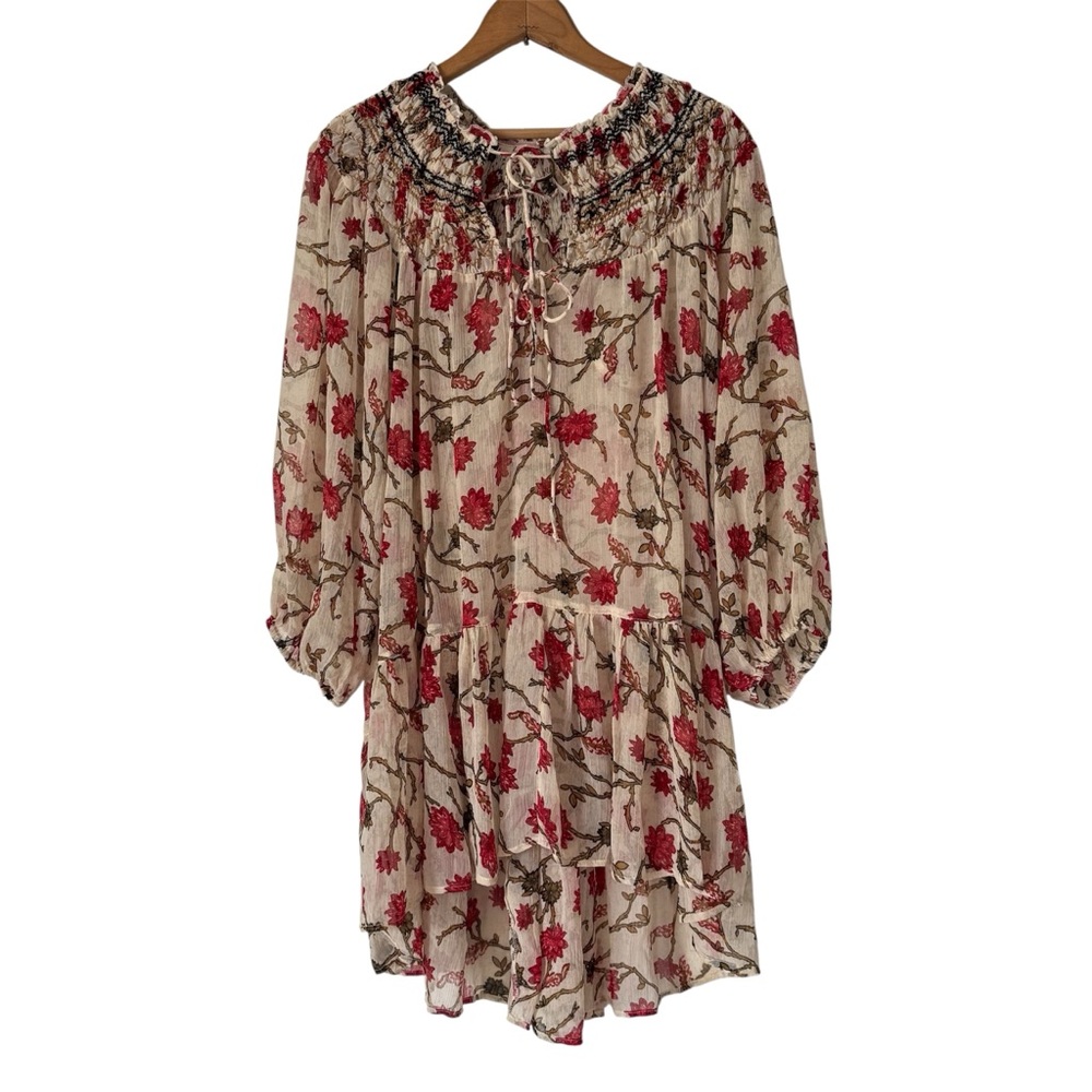 Free People Boho Floral Tunic Top XS Festival Peasant Sheer Smocked Oversized